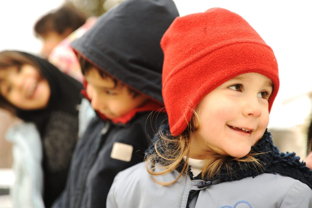 Happy Group Of Children Outdoor, Winter Clothes