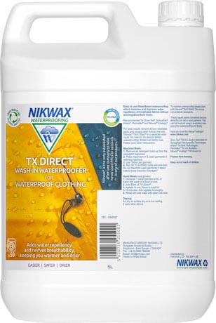 A 5 litre bottle of Nikwax TX.Direct Wash-in, our wash-in waterproofing for wet weather clothing.
