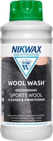 A 1 litre bottle of Nikwax Wool Wash, our speciality cleaner and conditioner for wool base layers.