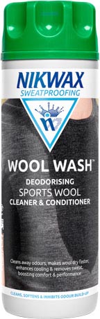A 300ml bottle of Nikwax Wool Wash, our speciality cleaner and conditioner for wool base layers.