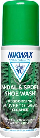 125ml bottle of Nikwax Sandal & Sports Shoe Wash, a deodorizing cleaner for non-waterproof footwear. 
