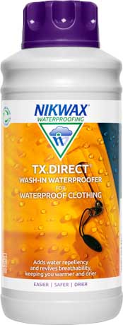 A 1 litre bottle of Nikwax TX.Direct Wash-in, our wash-in waterproofing for wet weather clothing.